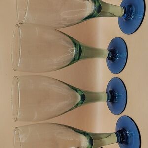 Vintage Hand Blown Mexican Glass Goblets, Green and Cobalt Blue. Set Of 4, 9"